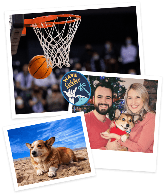 Collage featuring a basketball hoop and Doctor Millard with his wife and dog